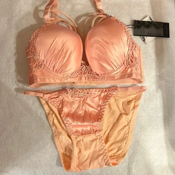 Peach Strappy Bra & Panty Set, 32A/Small - Picture 1 of 5
